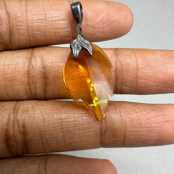 Sterling Silver Leaf Pendant 925 Amber Yellow Color Glass Crystal Faceted Fall - Picture 8 of 10